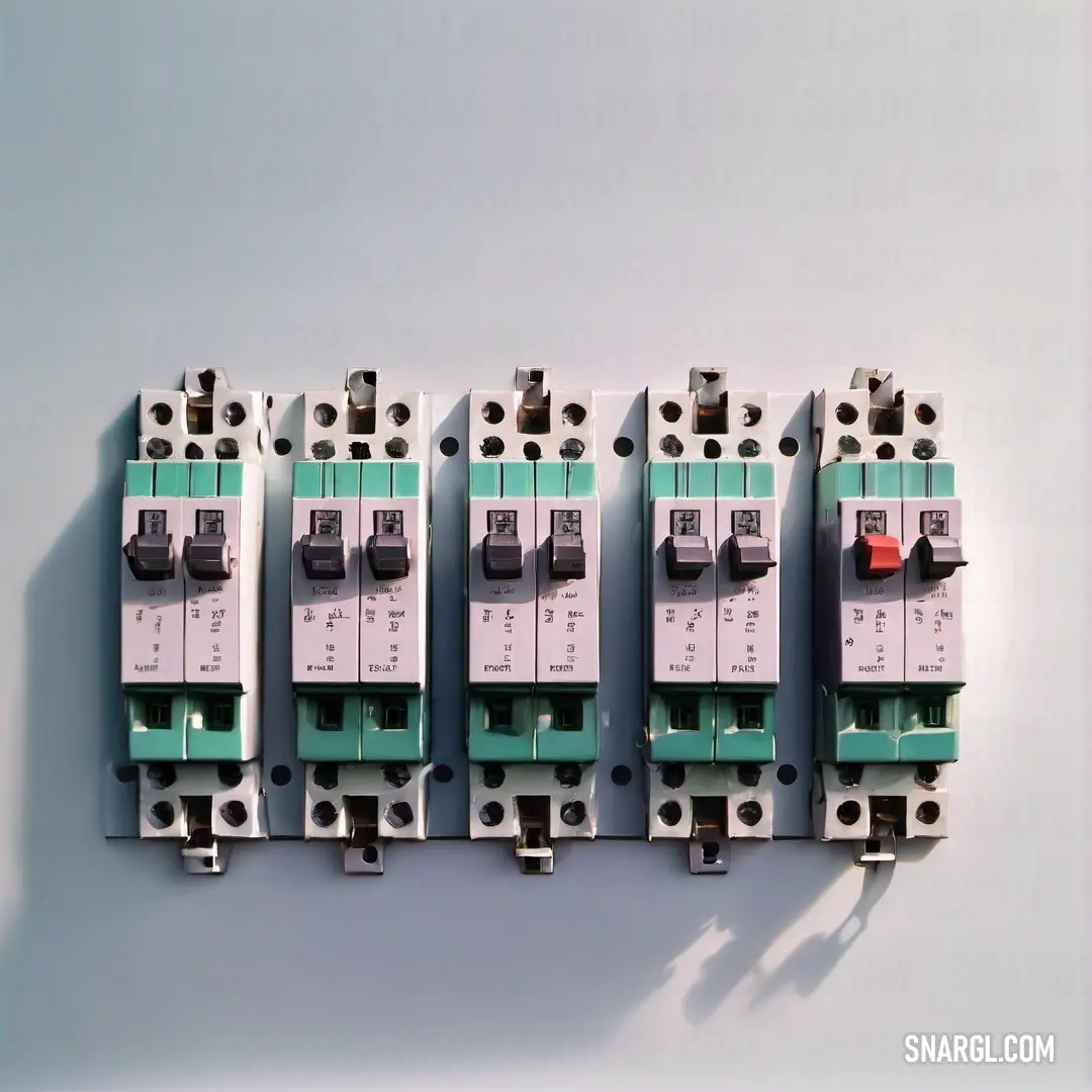 Group of four circuit breakers on top of a wall next to each other on a wall next to a wall. Color RGB 243,223,224.