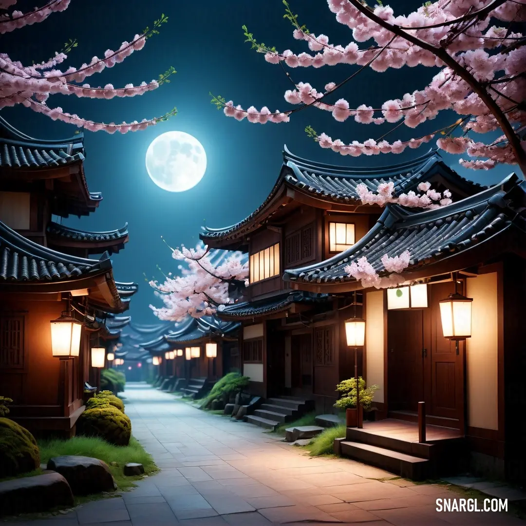Full moon is shining over a street with cherry blossom trees in bloom and a full moon is shining over the street