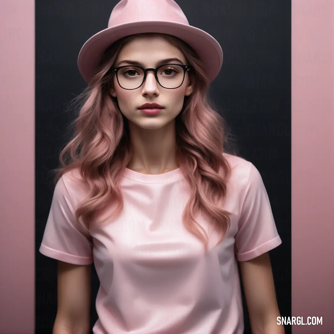 Woman with glasses and a pink hat is standing in a doorway with a pink wall behind her and a black background. Example of RGB 231,219,225 color.
