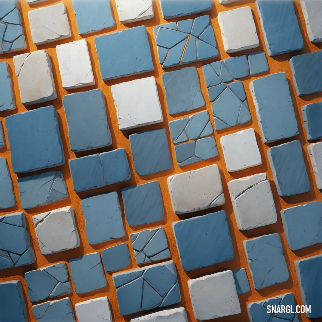 Close up of a tile wall with a blue and white pattern on it's surface and a red background. Color NCS S 1010-R70B.