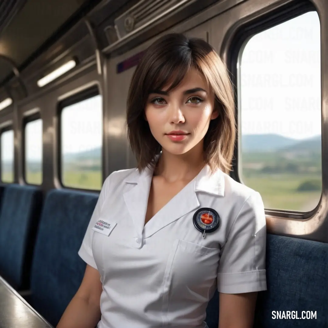 Woman in a white shirt and a train seat with a window and a mountain in the background. Color RGB 219,223,233.