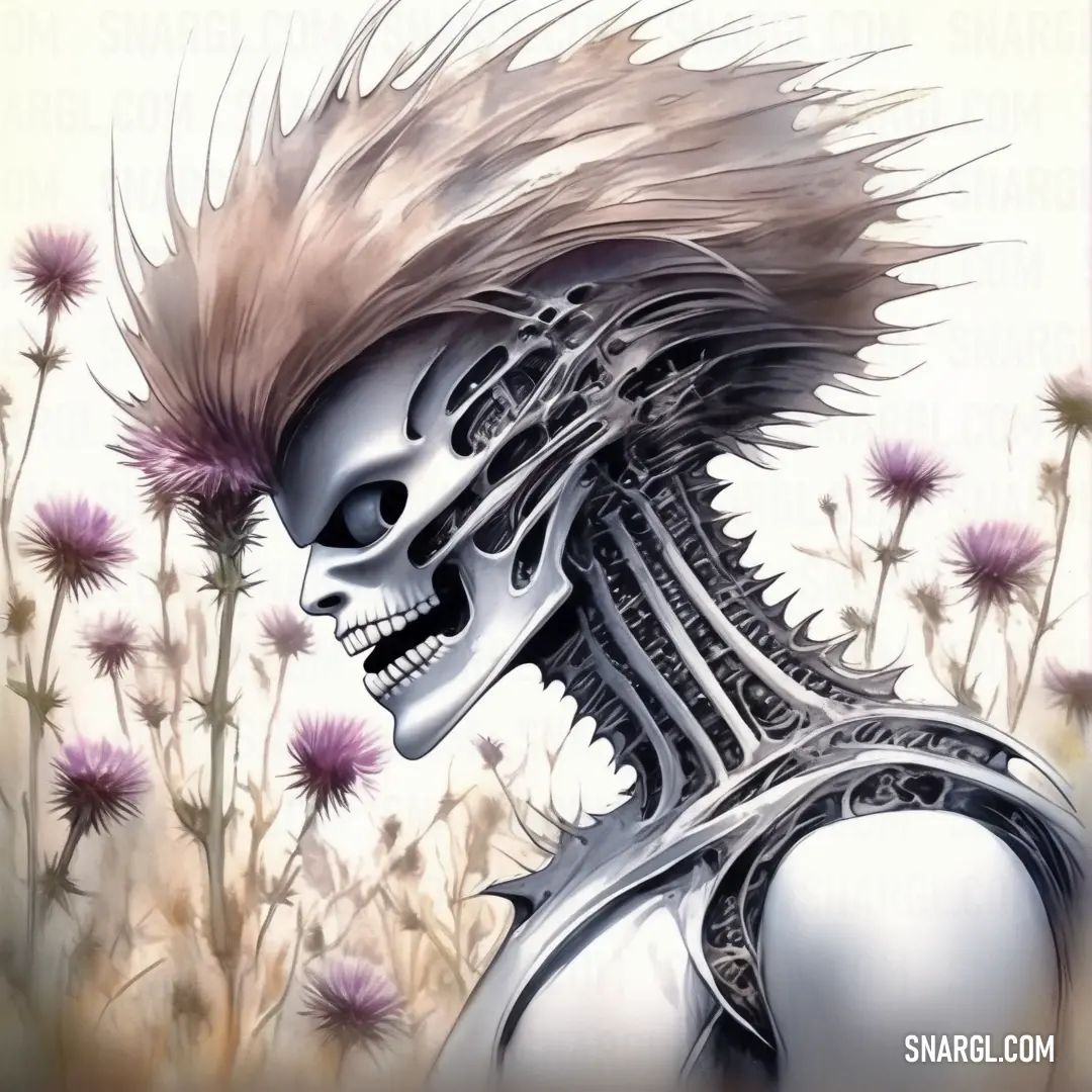 Skeleton with a mohawk and a flower in the background. Example of CMYK 10,1,0,10 color.