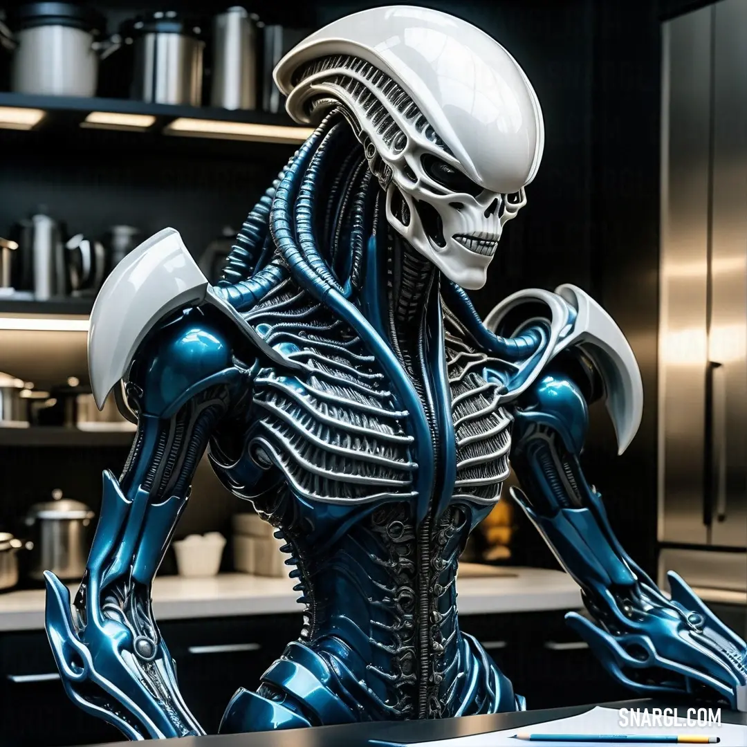 Statue of a alien is standing in a kitchen with a laptop on the counter. Color #D9E2E9.