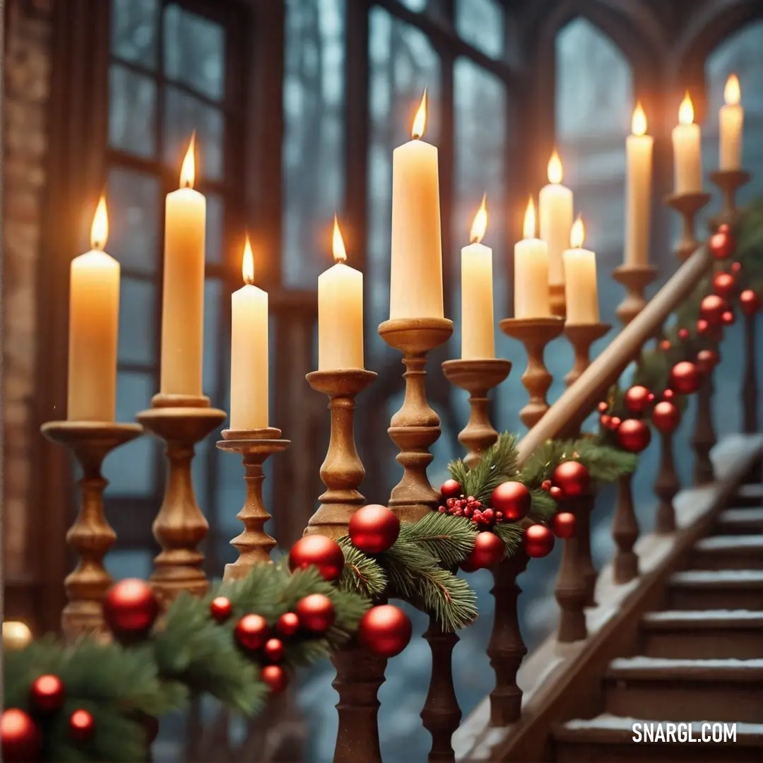 Bunch of candles on a rail with christmas decorations on it and a garland of holly and berries. Example of CMYK 0,5,35,5 color.