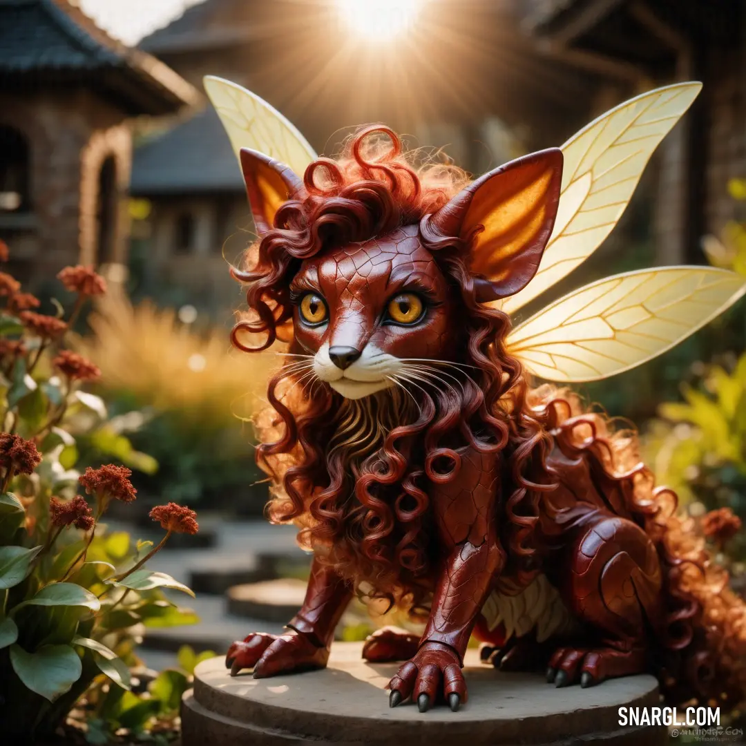 Statue of a cat with a yellow wings on it's head and a red mane on its body. Example of #F3E5B4 color.