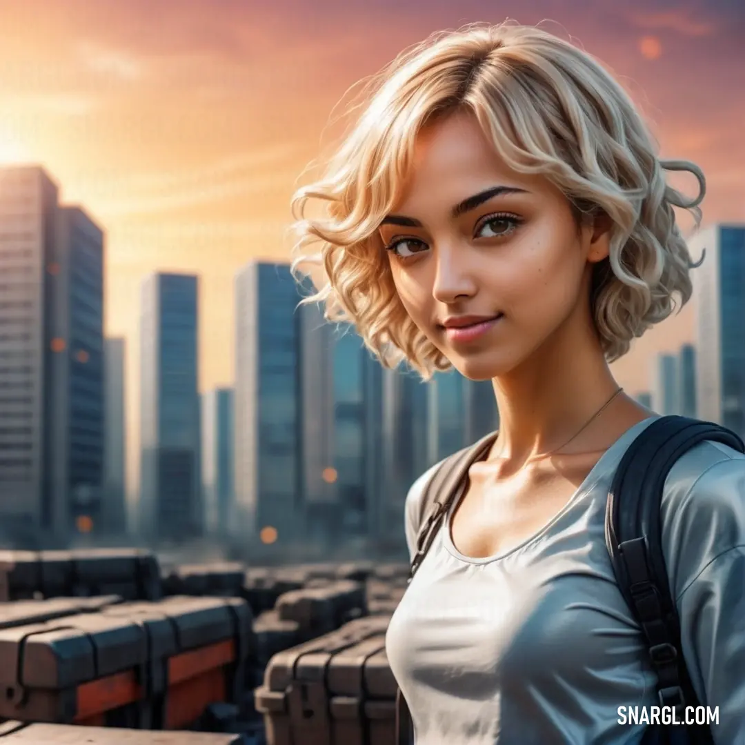 Woman with blonde hair standing in front of a city skyline with a suitcase on her shoulder. Example of #F3E5B4 color.