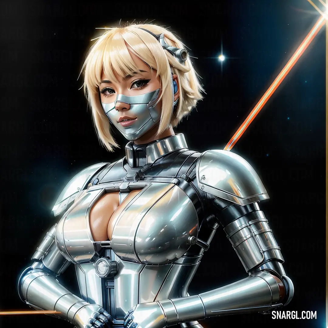 NCS S 1010-Y20R color. Woman in a futuristic suit holding a light saber in her hand and a star in the background