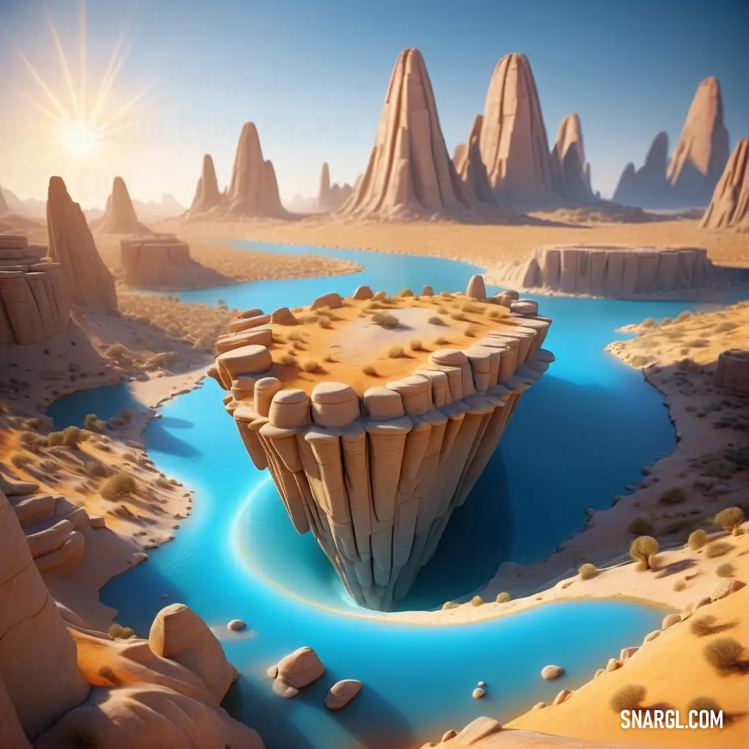 Computer generated image of a desert landscape with a river running through it and a mountain range in the background