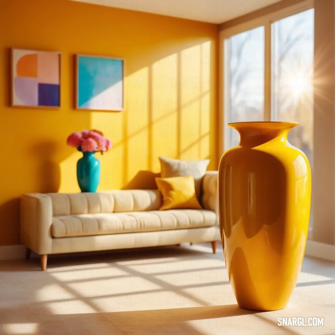 Yellow vase in a living room next to a couch and a window with a view of the outside. Color #FBE4B6.