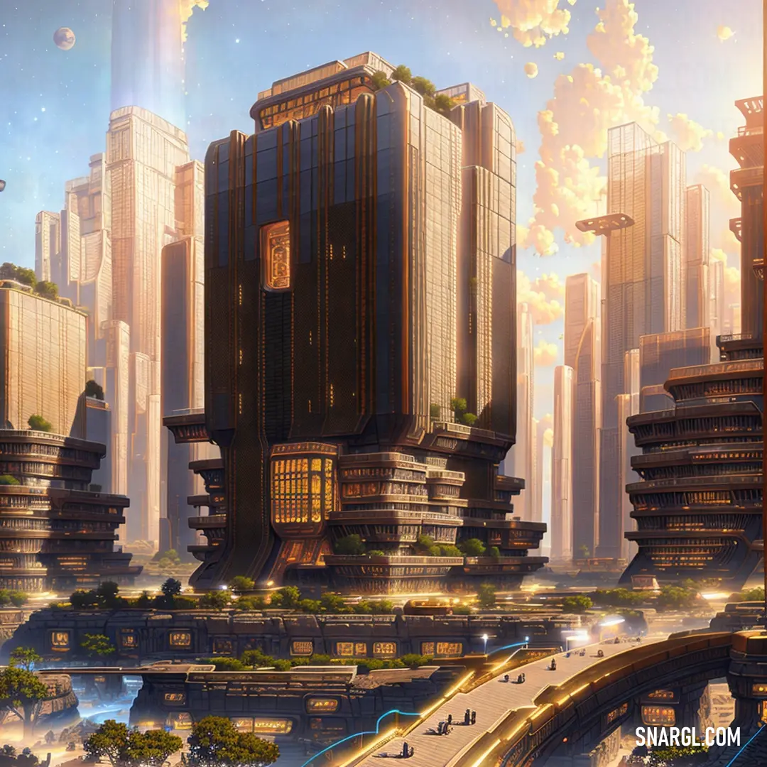 Futuristic city with a bridge and a lot of tall buildings in the background. Example of NCS S 1010-Y50R color.