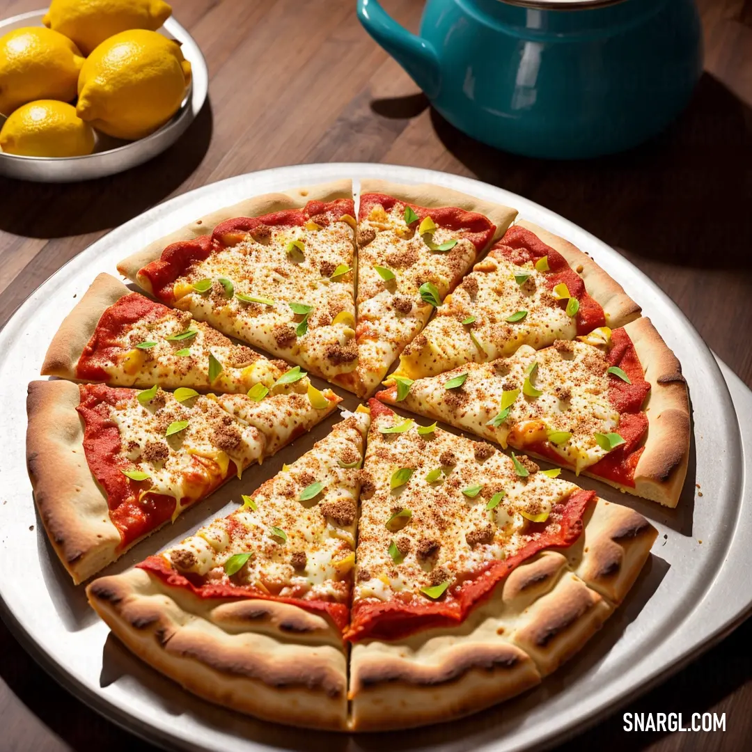 Pizza with several slices cut out of it on a plate with a bowl of lemons and a teapot. Example of RGB 255,228,199 color.