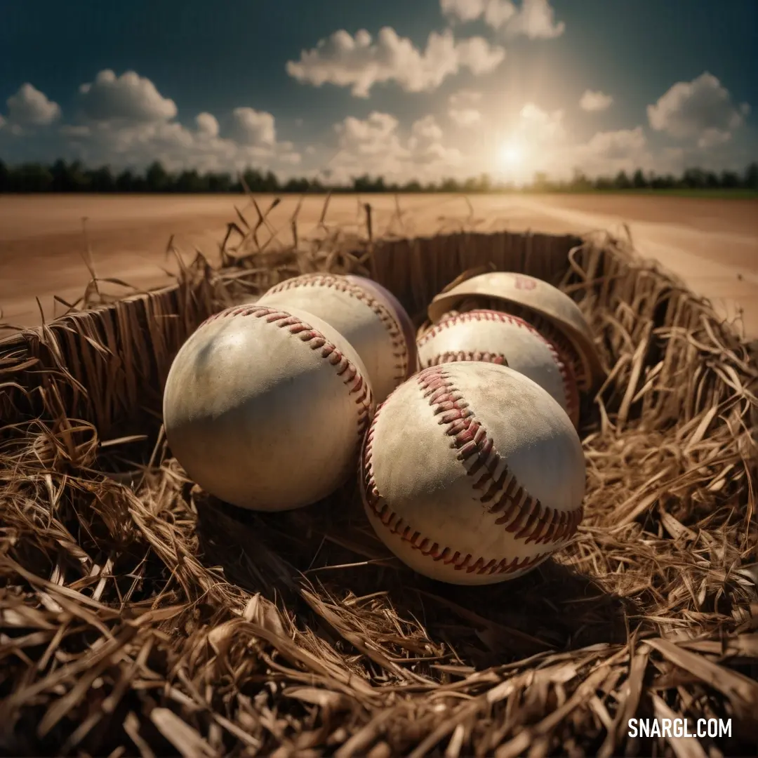 Basket of baseballs on top of a dry grass field in the sun light with a blue sky and clouds. Color NCS S 1010-Y60R.