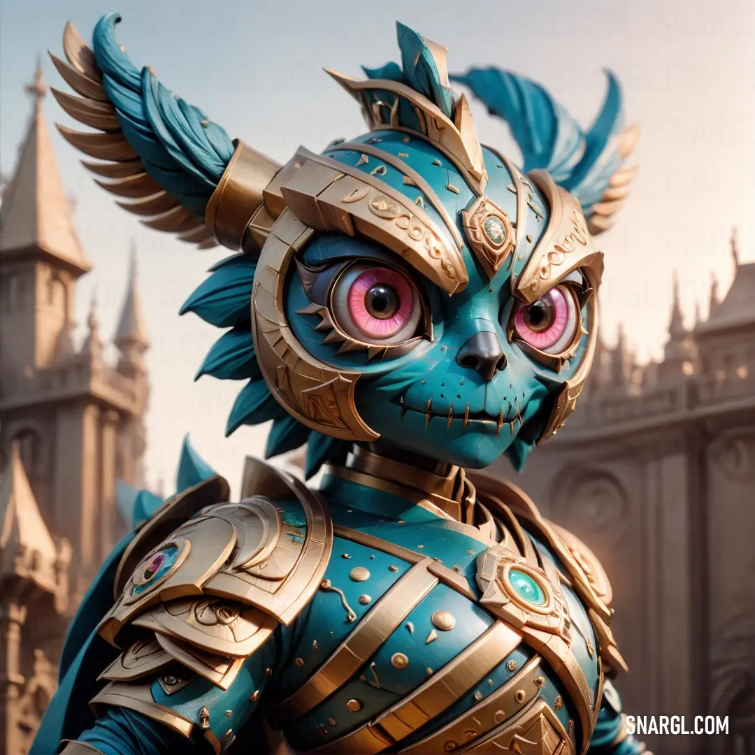 Statue of a cat with a blue costume and gold armor on it's face and chest. Example of NCS S 1010-Y60R color.