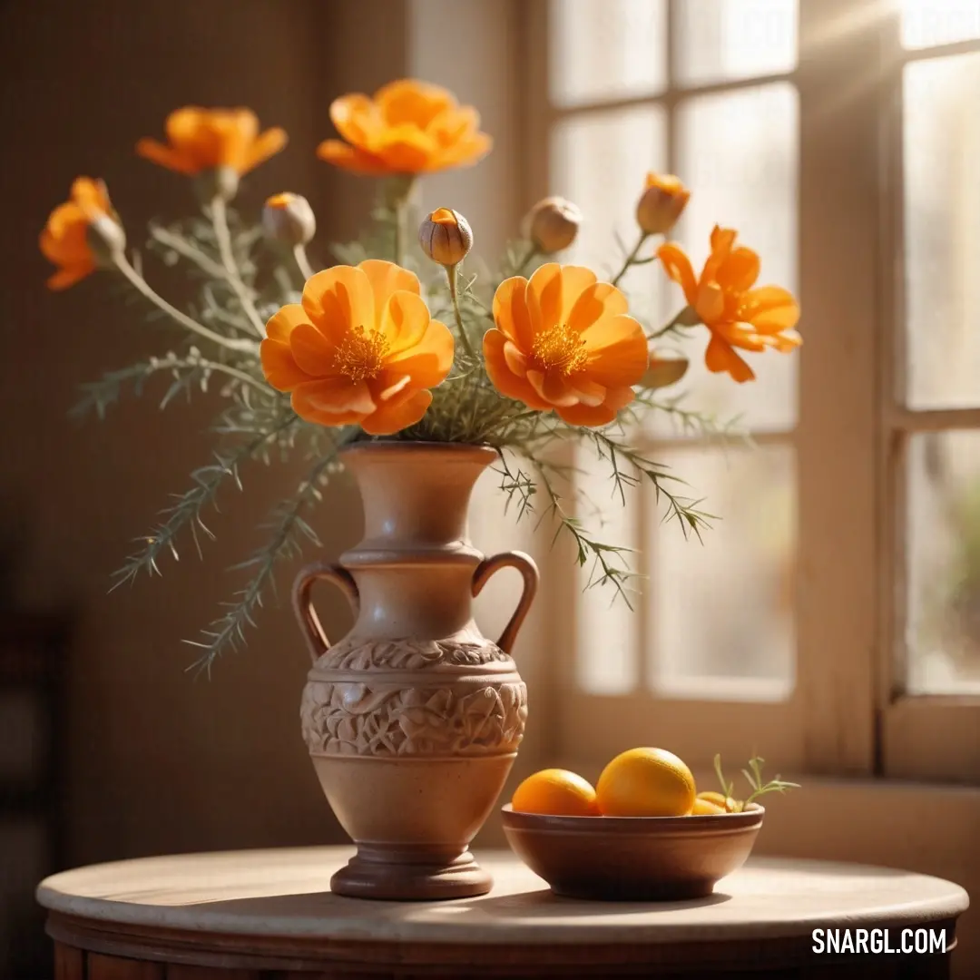 Vase with flowers and lemons on a table in front of a window with a bowl of fruit. Color NCS S 1010-Y60R.