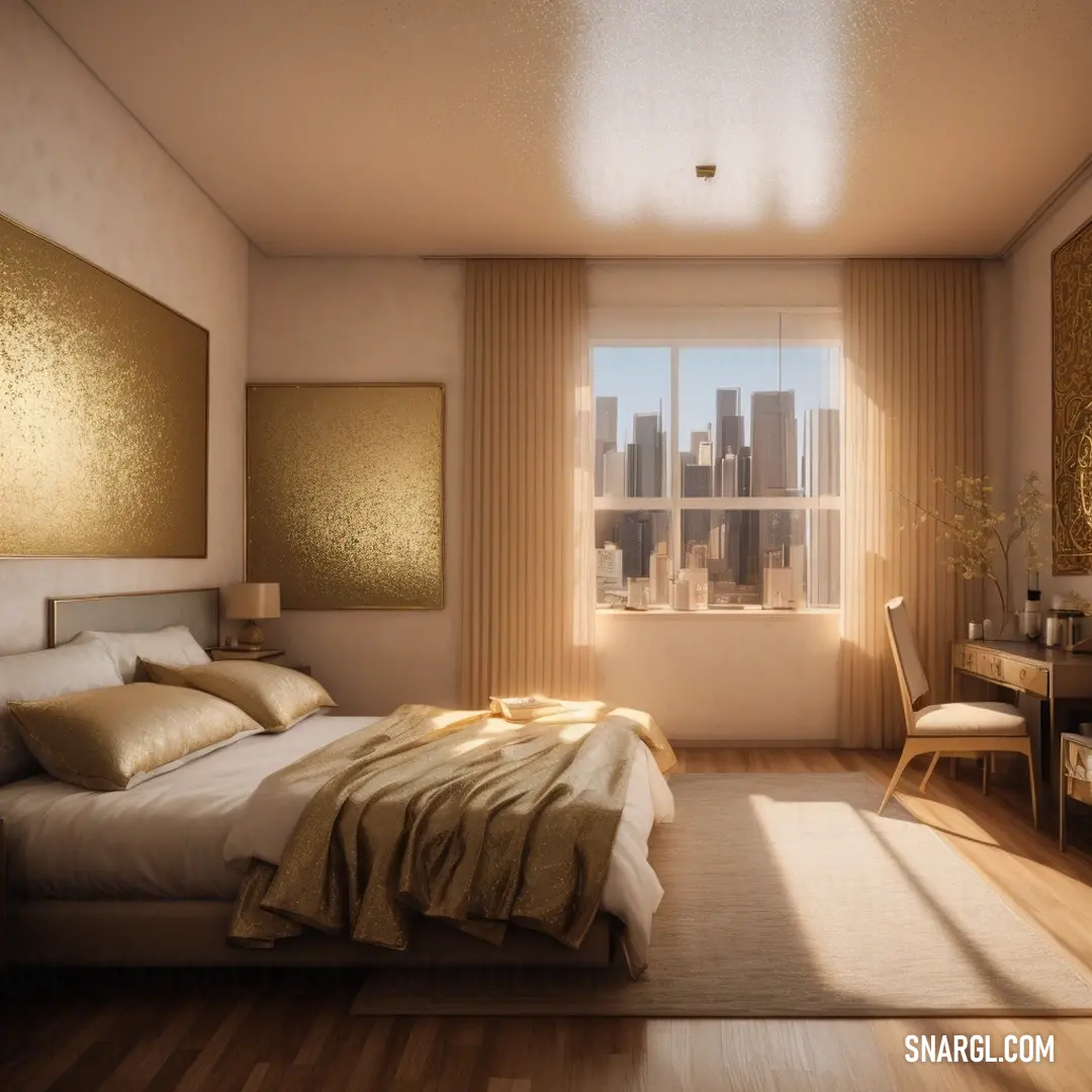 Bedroom with a bed, desk and a window with a city view in the background. Color RGB 255,221,202.