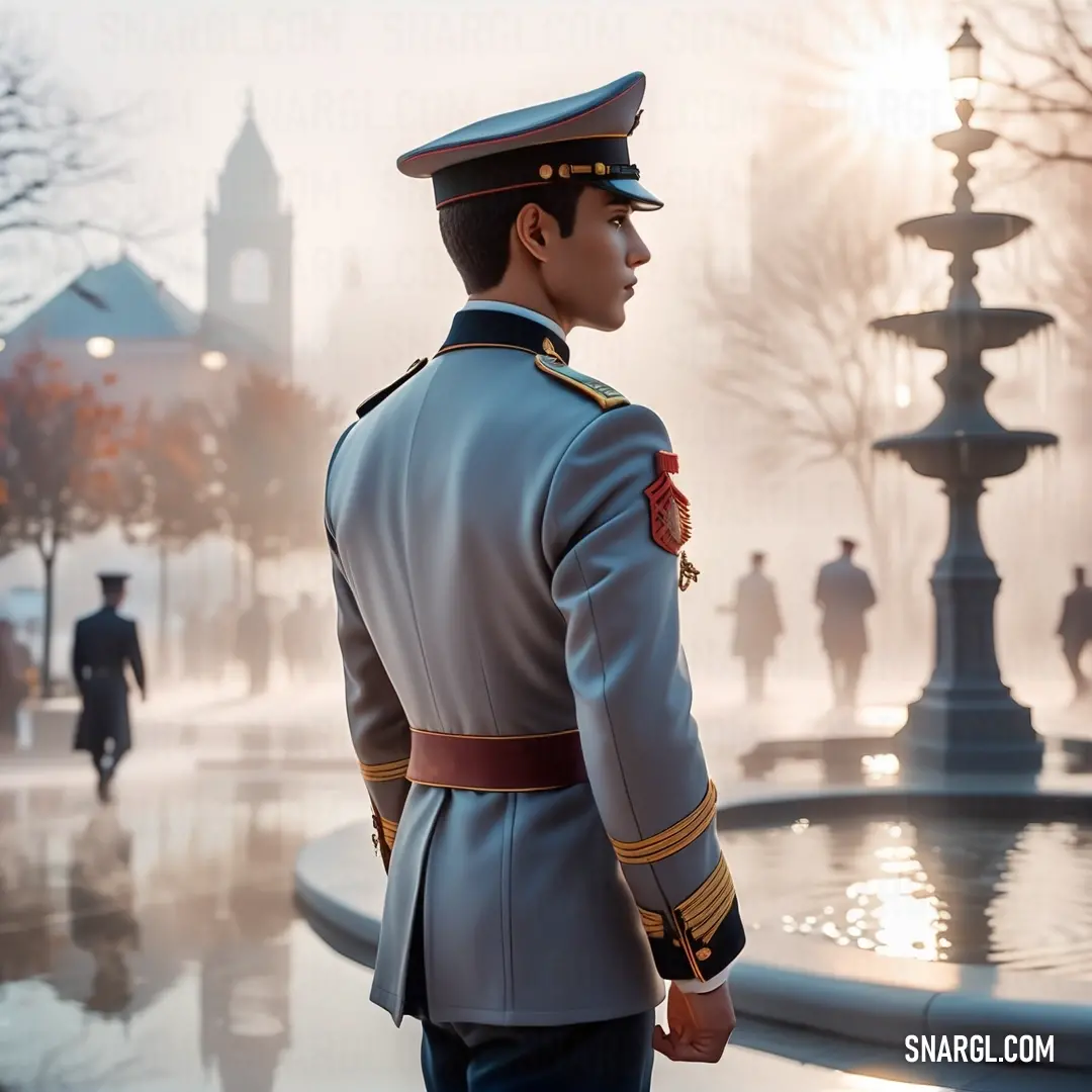 Man in uniform standing in front of a fountain. Color CMYK 0,15,15,2.