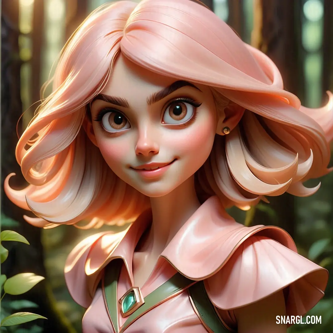 Cartoon character with blonde hair and a pink dress in the woods with a green necklace on her neck. Example of NCS S 1010-Y90R color.