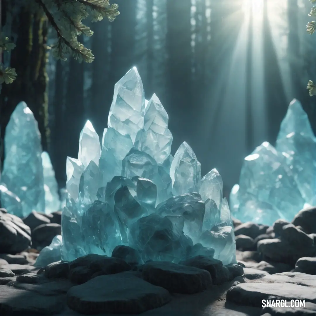 Large iceberg on top of a rocky ground next to trees and rocks in the forest with the sun shining through the trees