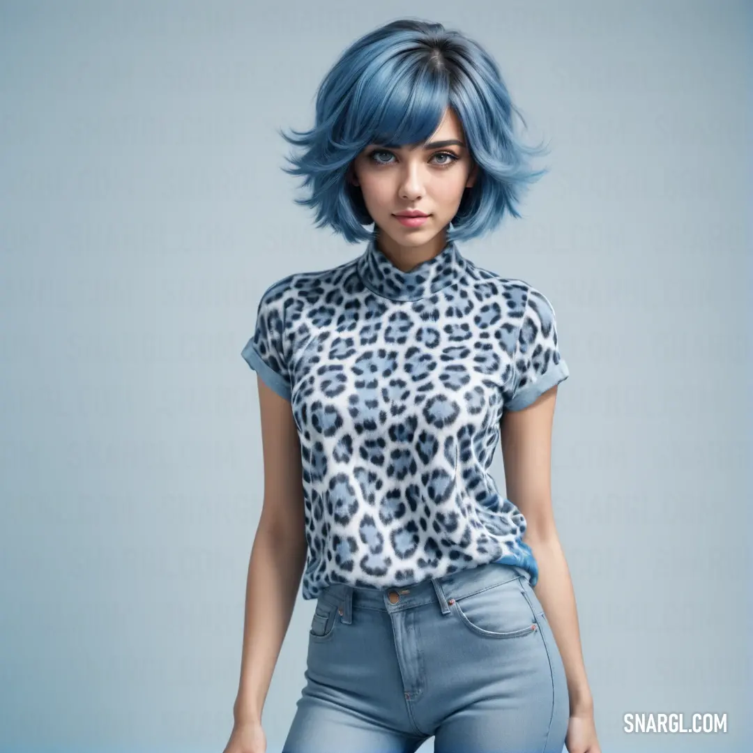 Woman with blue hair and a leopard print shirt on. Example of NCS S 1015-B color.