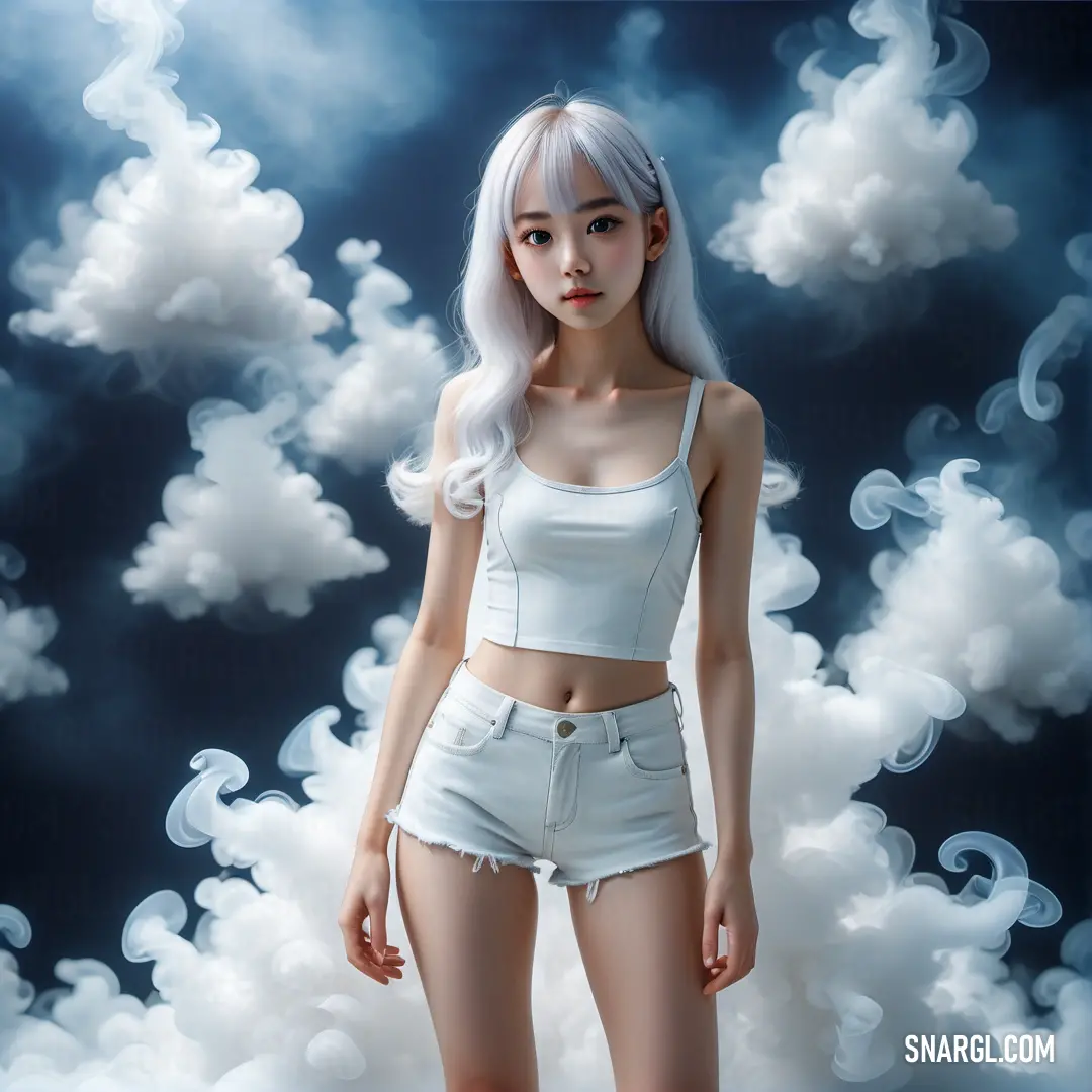 NCS S 1015-B color example: Woman with white hair and short shorts standing in front of clouds of smoke