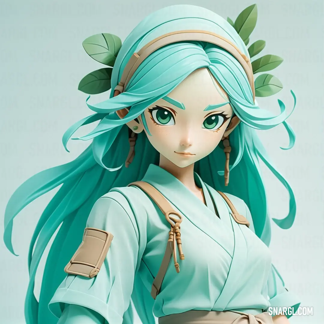 Doll with blue hair and a green outfit on a white background. Example of CMYK 29,0,14,0 color.