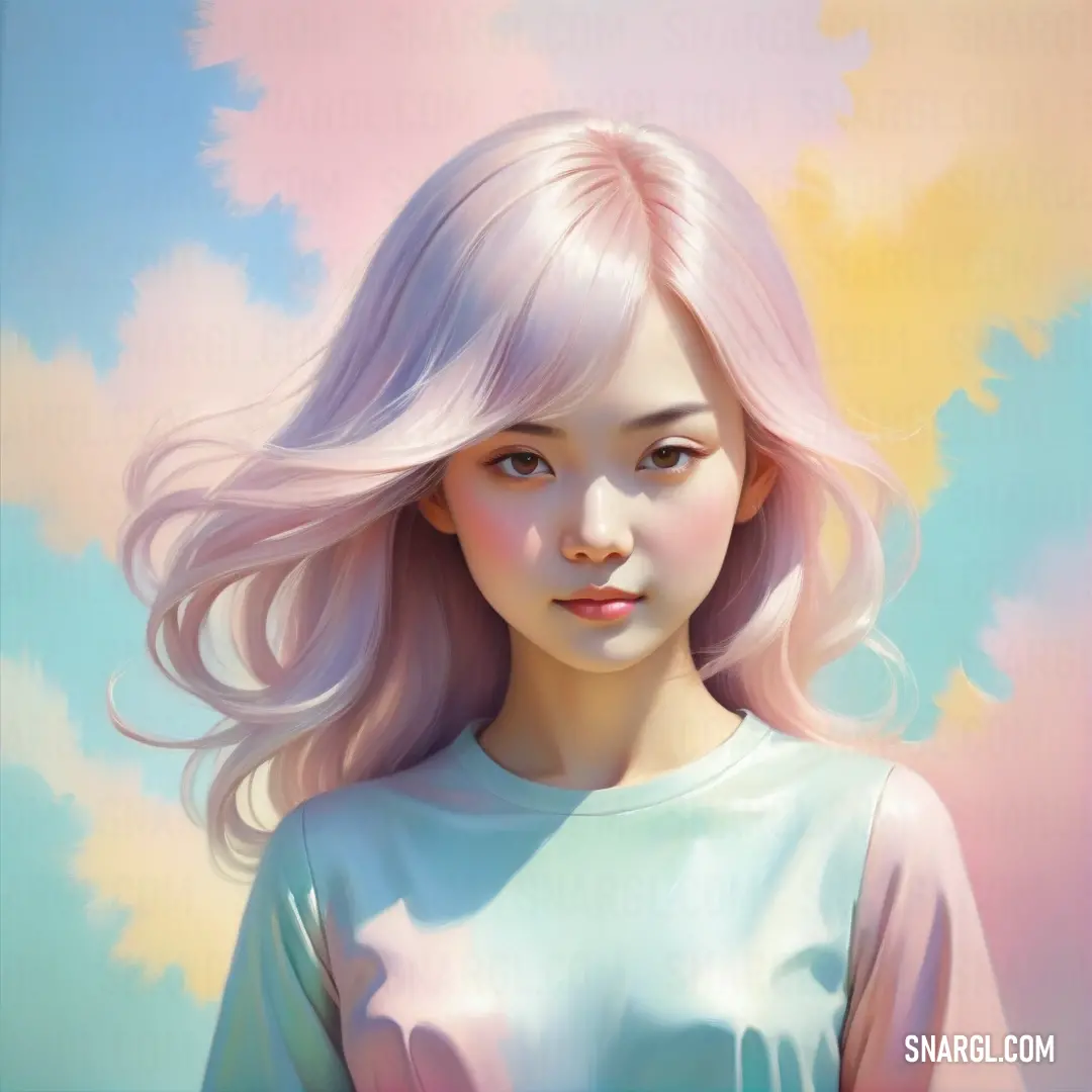 Painting of a girl with pink hair and a blue shirt on a pink background. Color RGB 205,243,238.