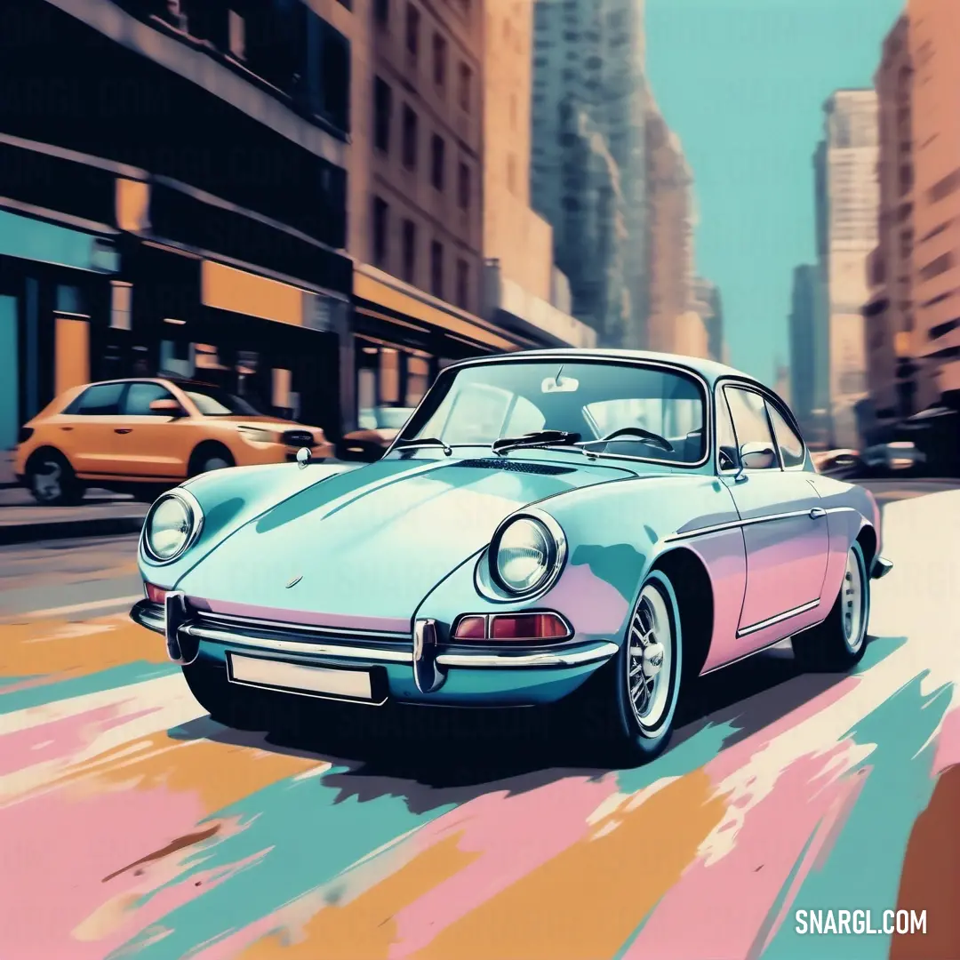 Painting of a pink and blue car driving down a street in a city with tall buildings. Color #CDF3EE.