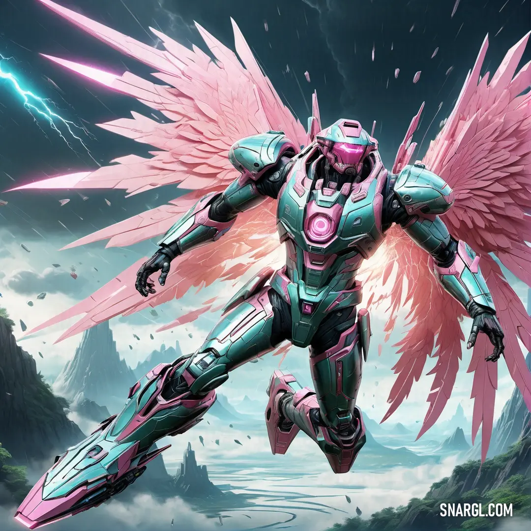 NCS S 1015-B80G color. Futuristic pink and blue robot with wings flying through the air with a mountain in the background