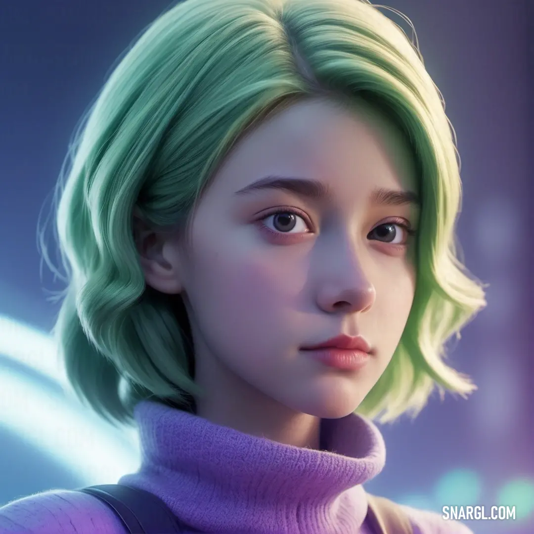 Digital painting of a woman with green hair and a turtle neck sweater on. Example of RGB 214,247,219 color.