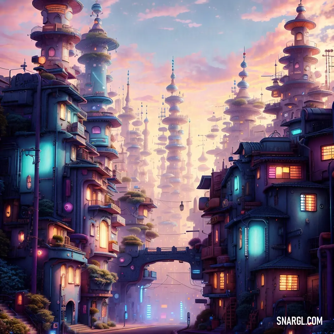 Futuristic city with a lot of tall buildings and a sky background. Color NCS S 1015-R.