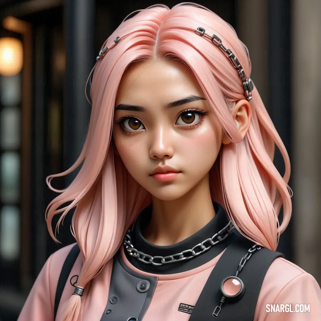 Girl with pink hair and a black top and a chain around her neck and shoulder is standing outside. Color #FFD5D1.