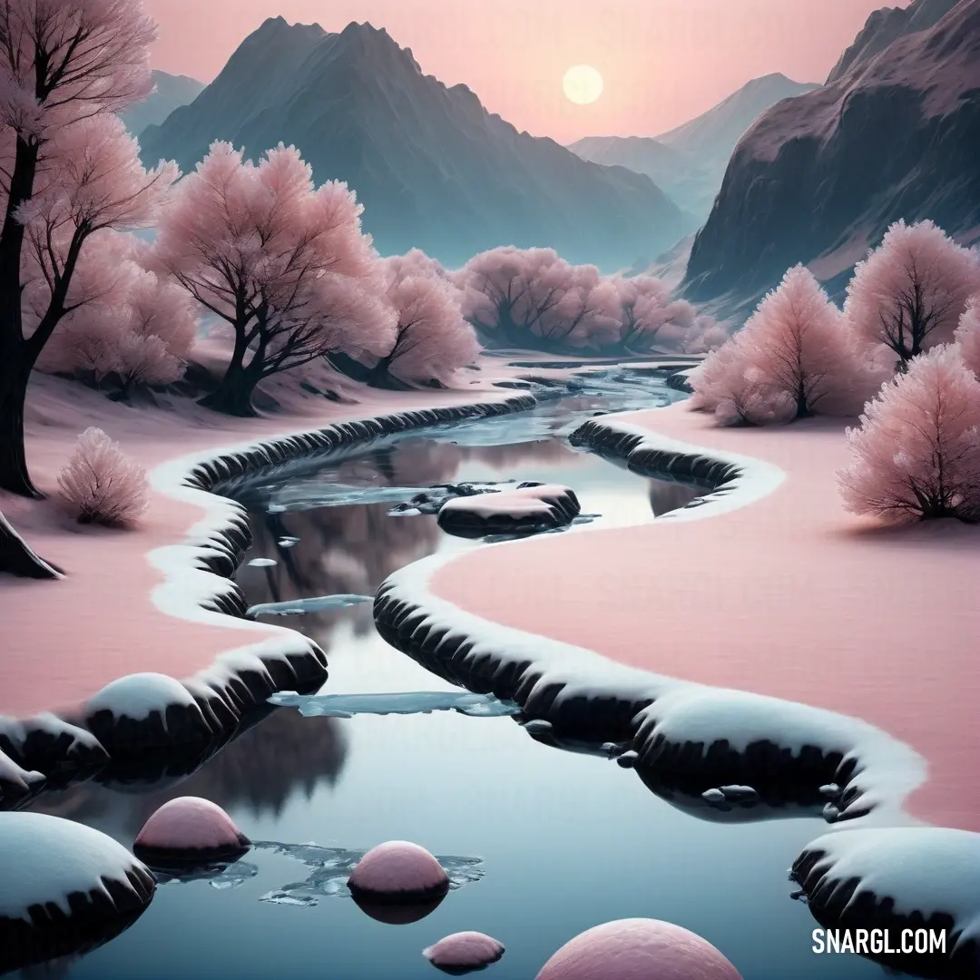 Painting of a river with snow on the ground and trees in the background. Color RGB 255,213,209.