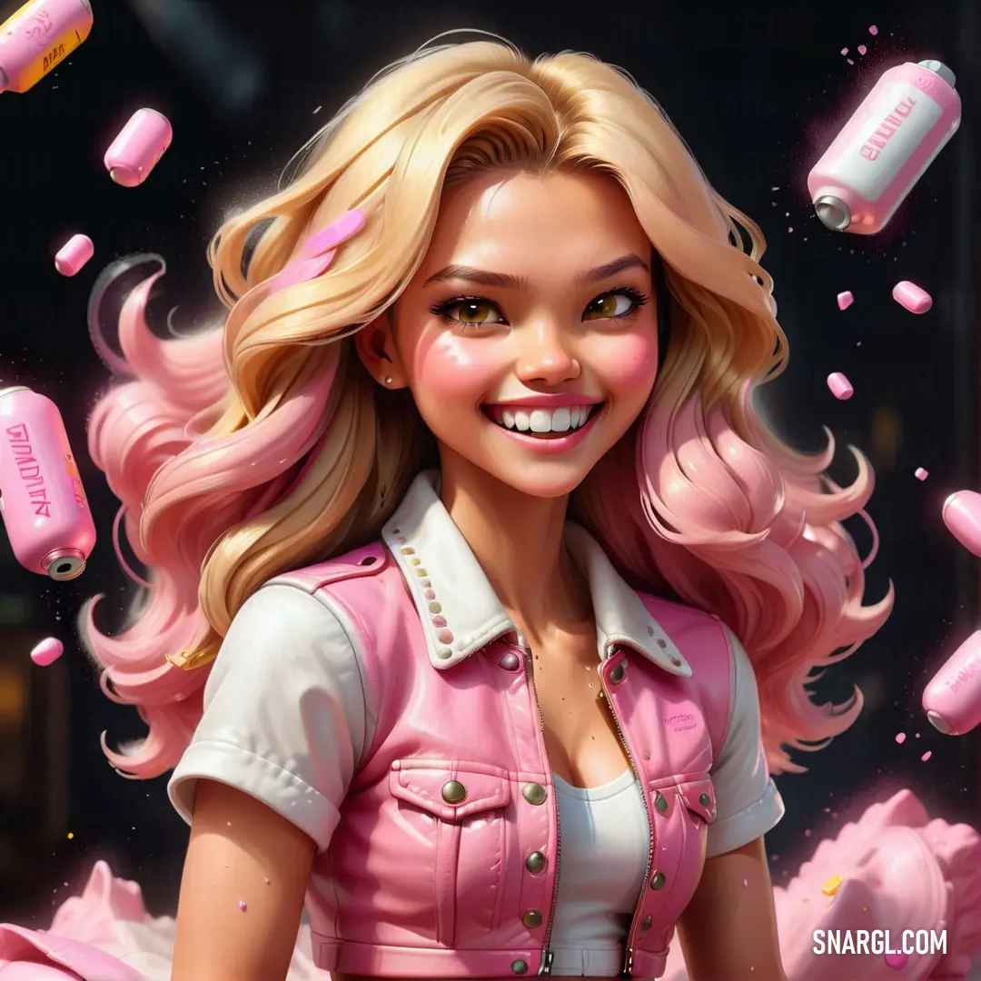 Cartoon girl with pink hair and a pink lipstick bottle in the air with pink bubbles around her. Color CMYK 0,20,10,5.