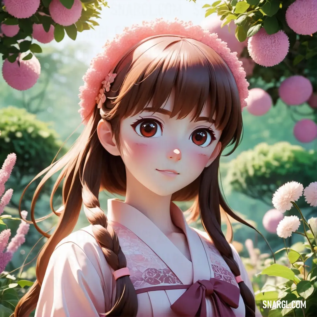 Girl in a pink dress standing in a field of flowers with a pink bow around her head. Example of #F4D3D3 color.