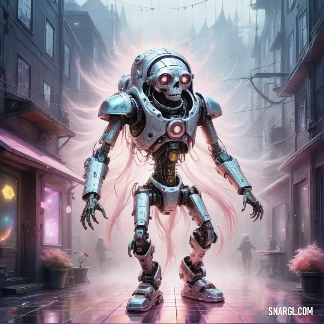 Robot with a large head and a large body standing in a city street with buildings and a neon light. Color RGB 244,211,211.