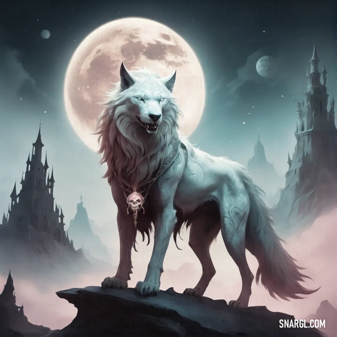 Wolf standing on a rock in front of a full moon with a skull in its mouth and a castle in the background. Color RGB 244,211,211.