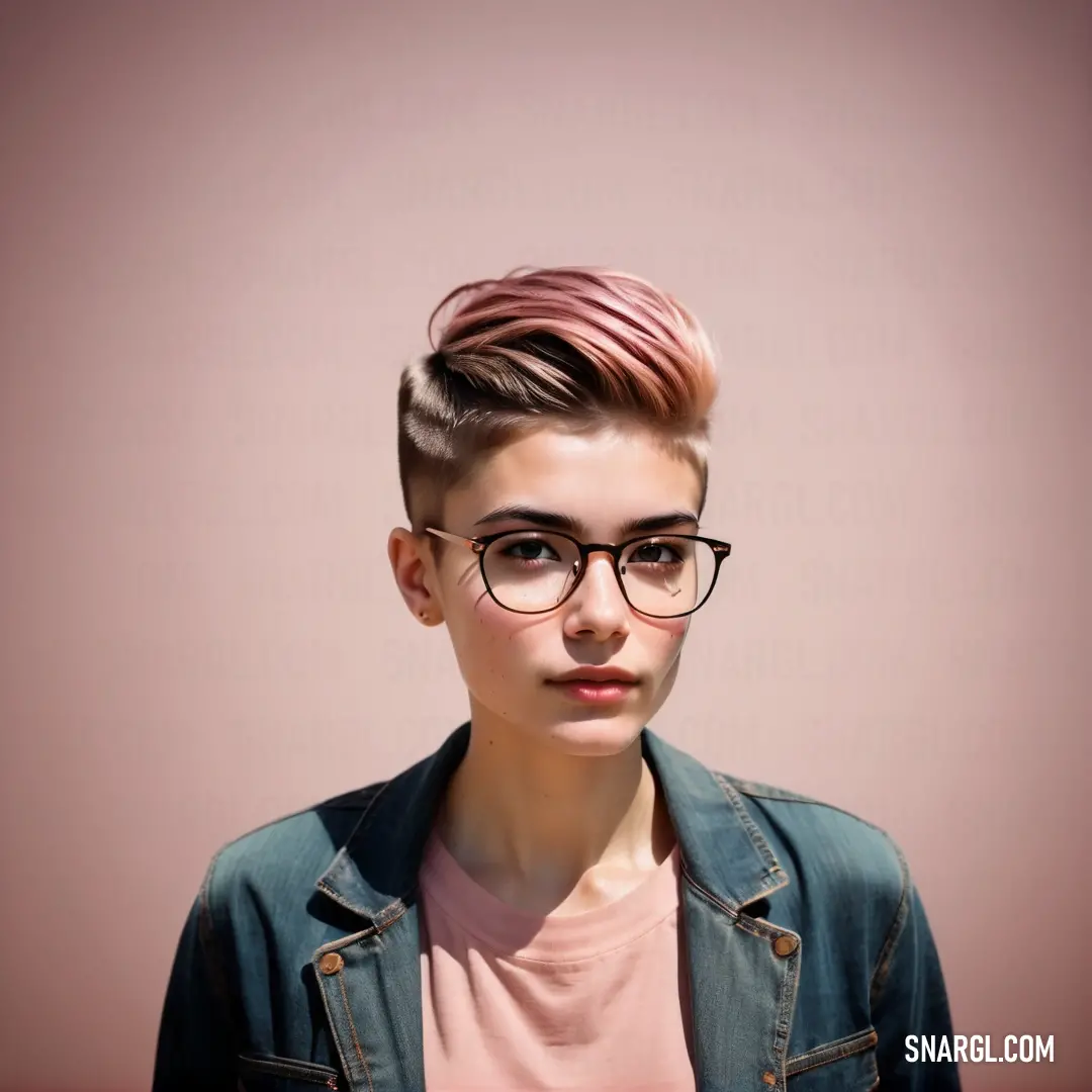 Woman with a pink shirt and glasses on her head and a pink shirt on her shoulders. Color #F4D3D3.