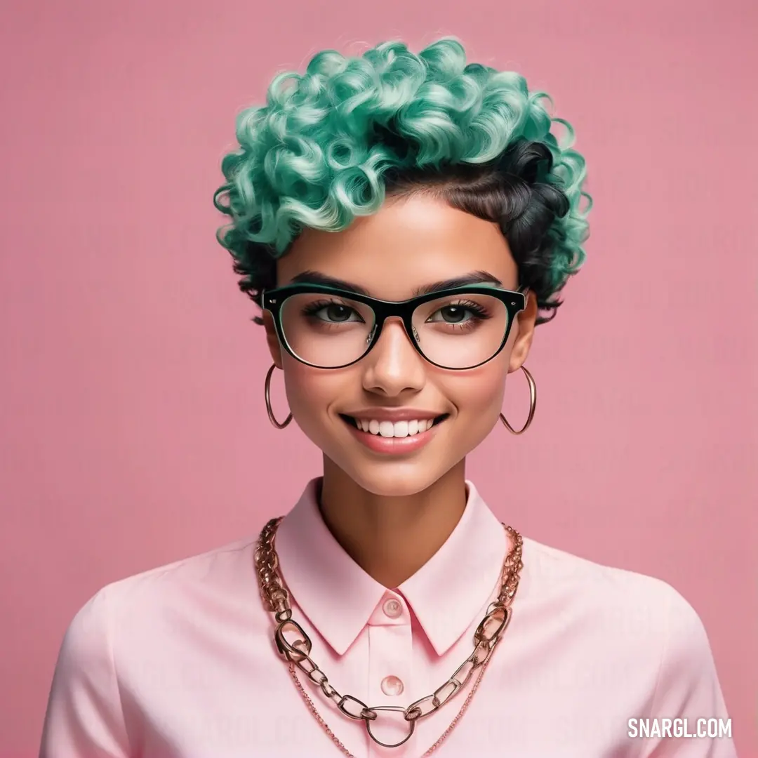 Woman with green hair and glasses on a pink background. Example of NCS S 1015-R10B color.