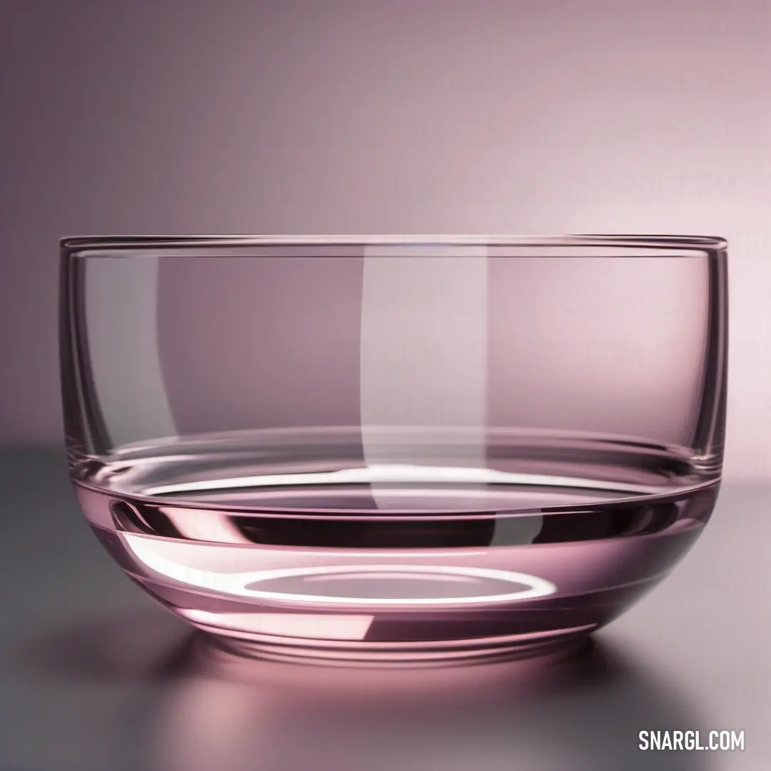 Glass bowl with a liquid inside of it on a table top with a purple background. Color #F4D3D8.