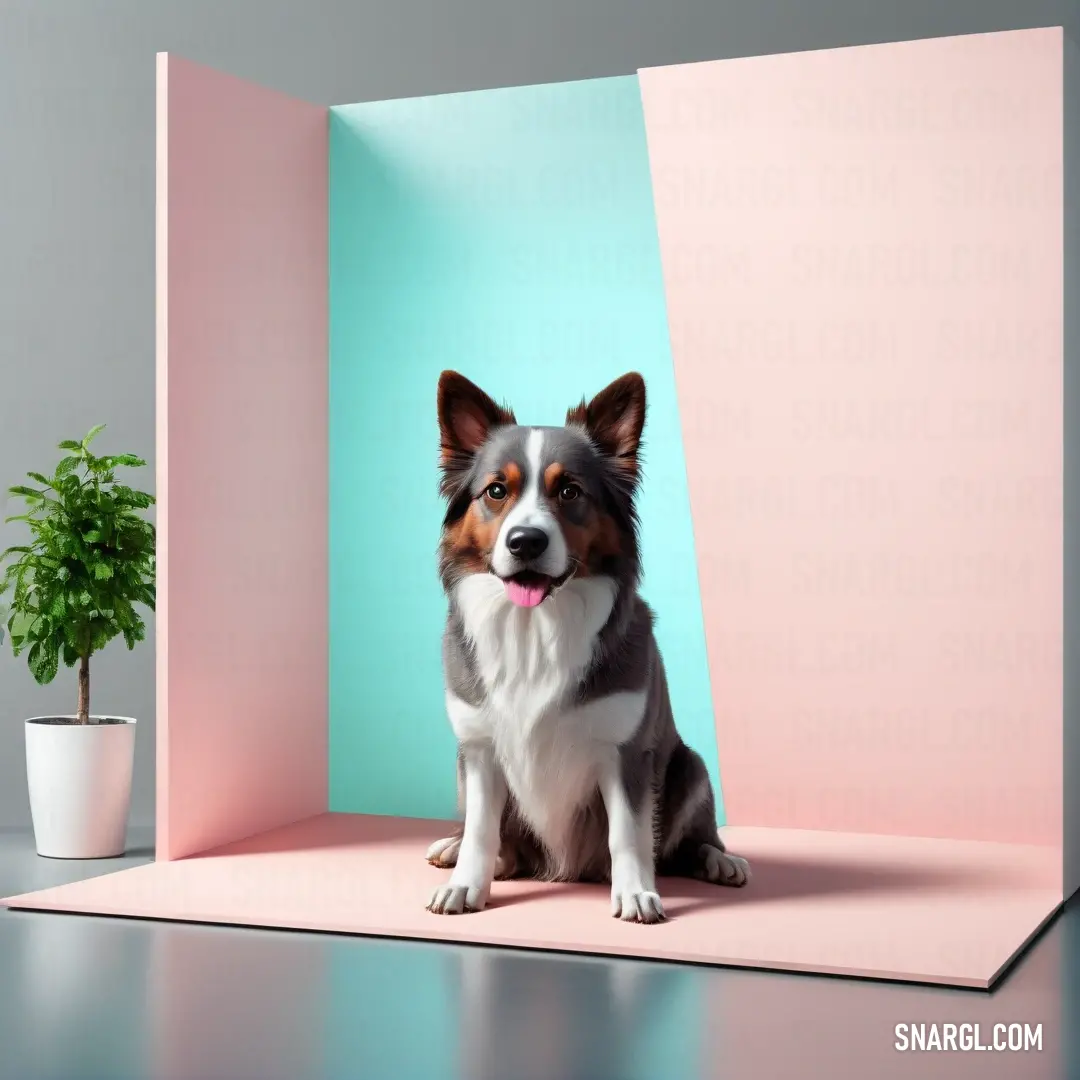 NCS S 1015-R20B color example: Dog in a pink and blue room with a potted plant in the corner of the room