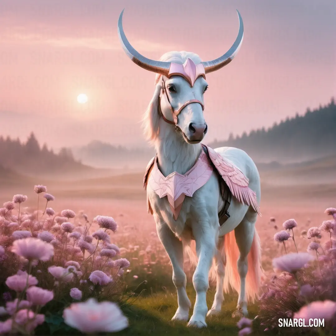 NCS S 1015-R20B color example: White horse with horns and a pink dress in a field of flowers at sunset