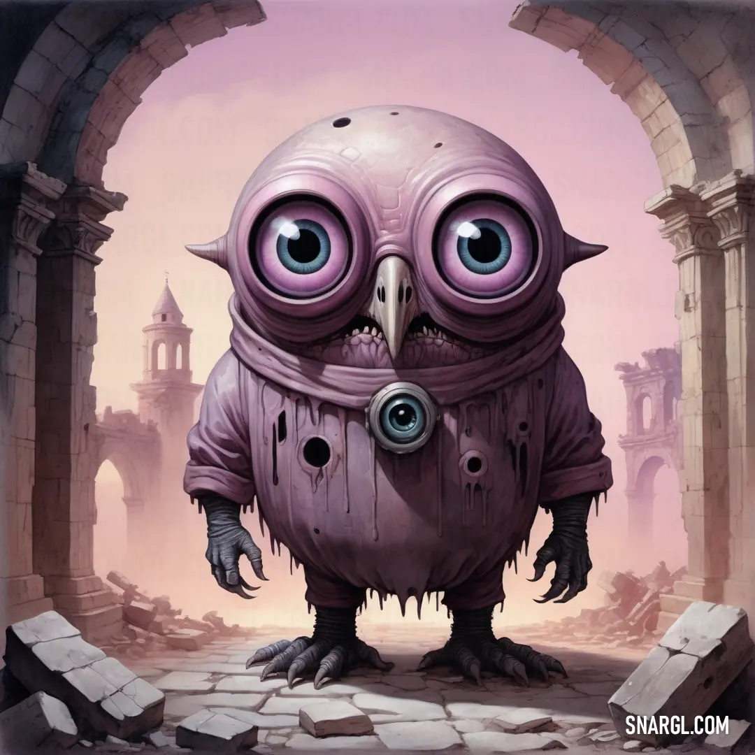 NCS S 1015-R40B color. Strange looking creature with big eyes and a strange head is standing in a doorway with a brick wall