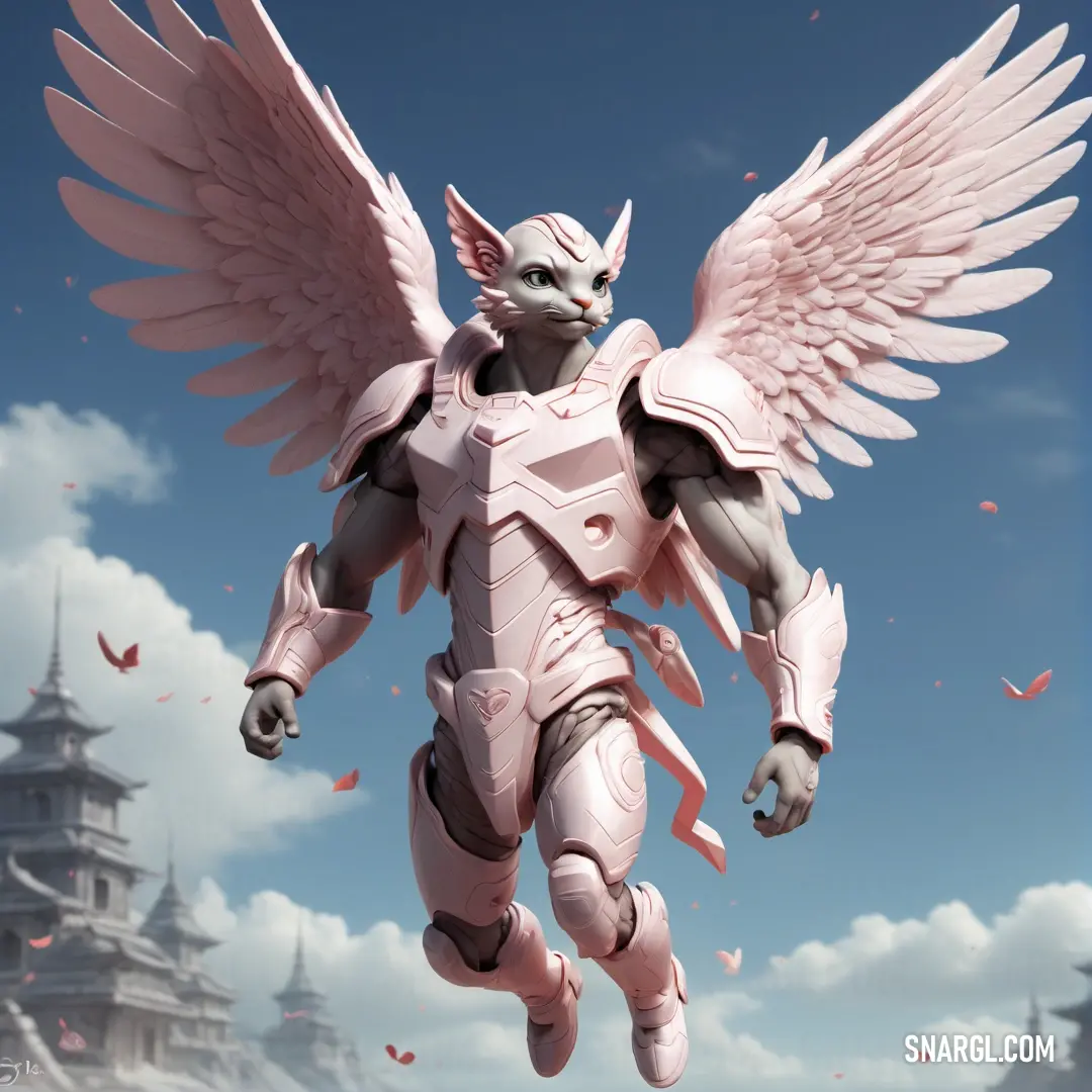 Pink angel with wings and a suit on a pedestal in front of a castle with a sky background. Color NCS S 1015-R40B.