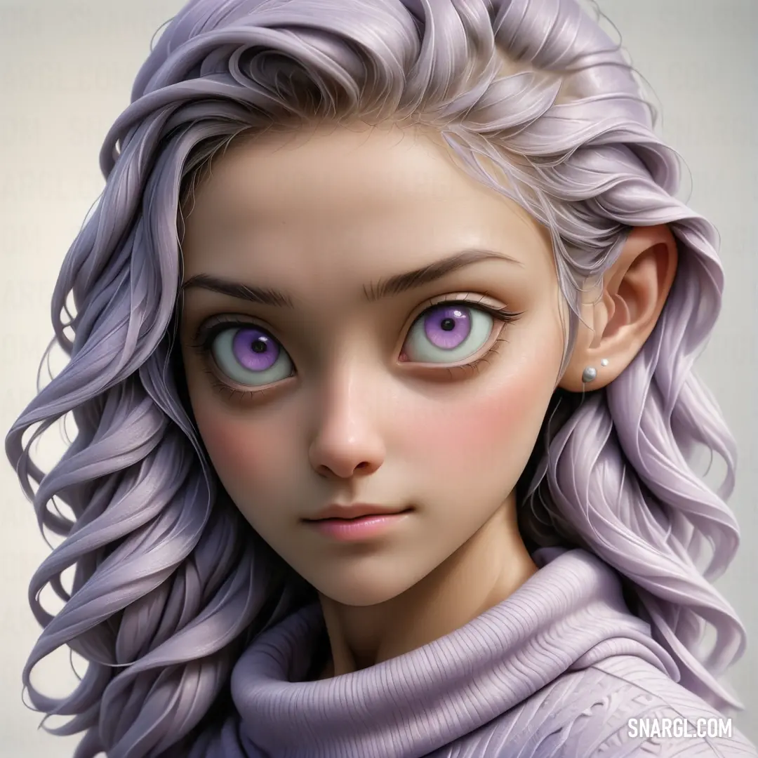 Digital painting of a woman with purple hair and blue eyes. Example of #DDD9EA color.
