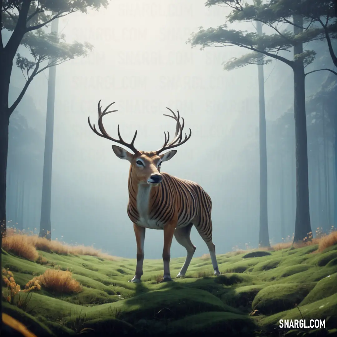 NCS S 1015-R90B color example: Deer standing in a forest with trees and grass on the ground and fog in the background