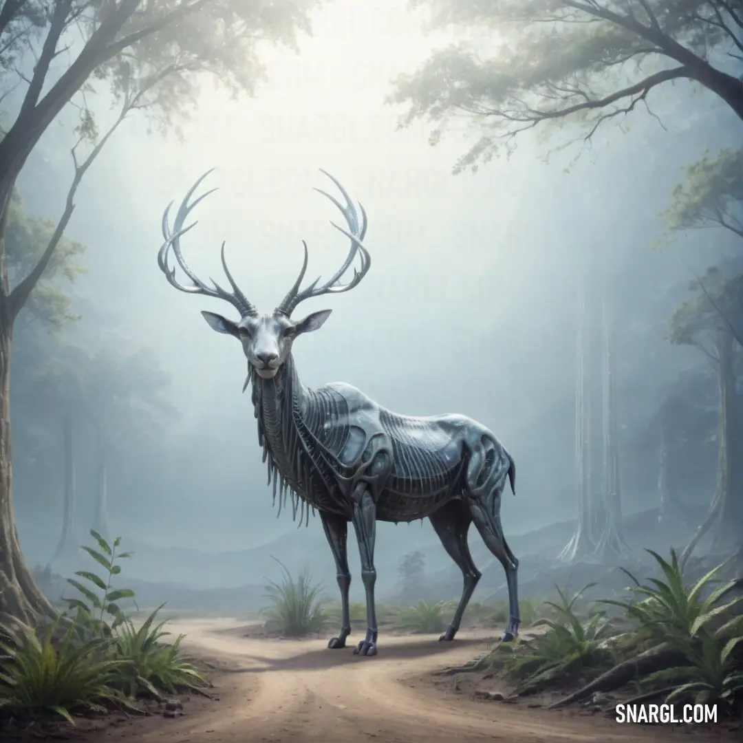 Deer with a skeleton body standing on a dirt road in a forest with trees and bushes on both sides. Example of RGB 205,222,232 color.