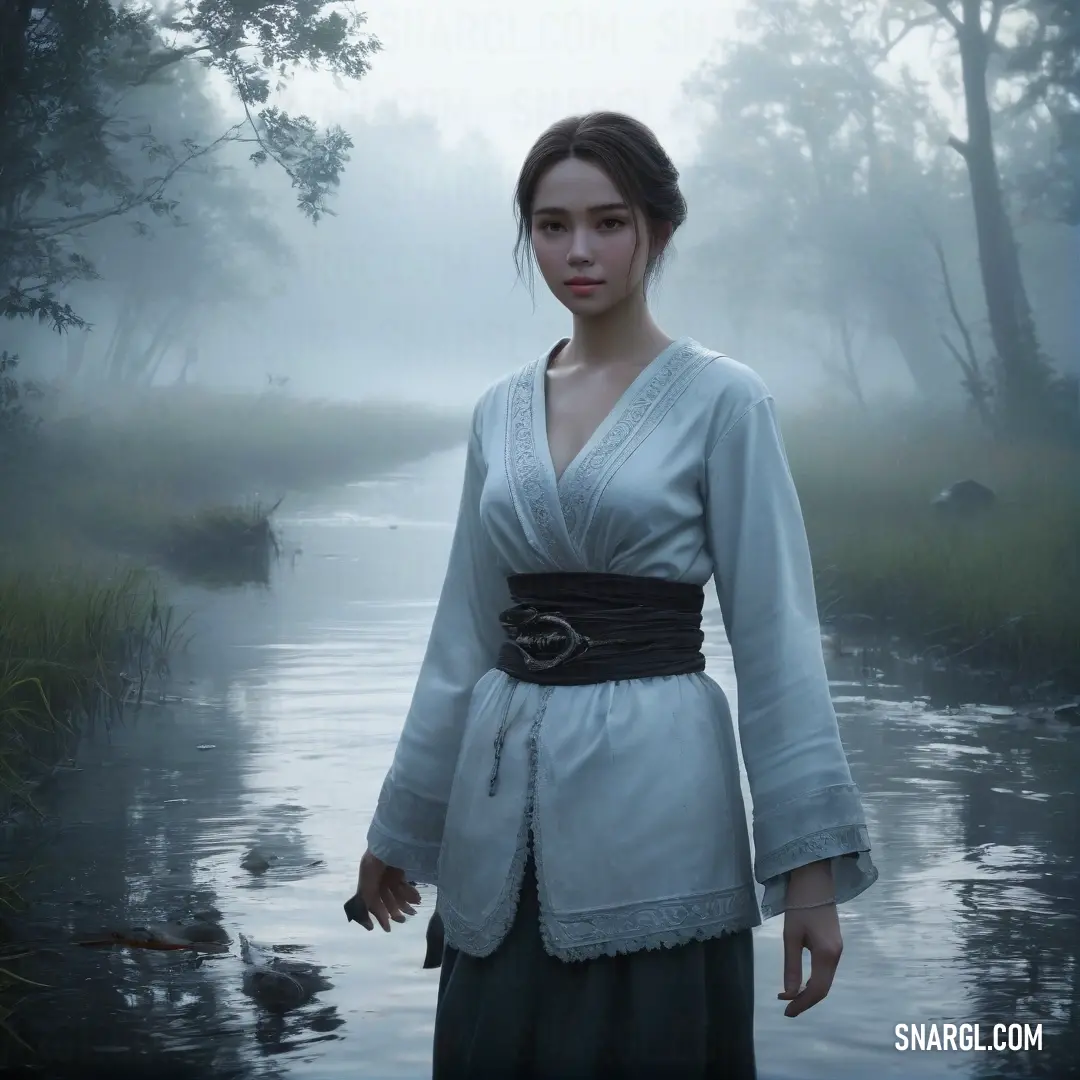Woman in a white dress standing in a river in the fog with her hands in her pockets and her eyes closed. Example of NCS S 1015-R90B color.