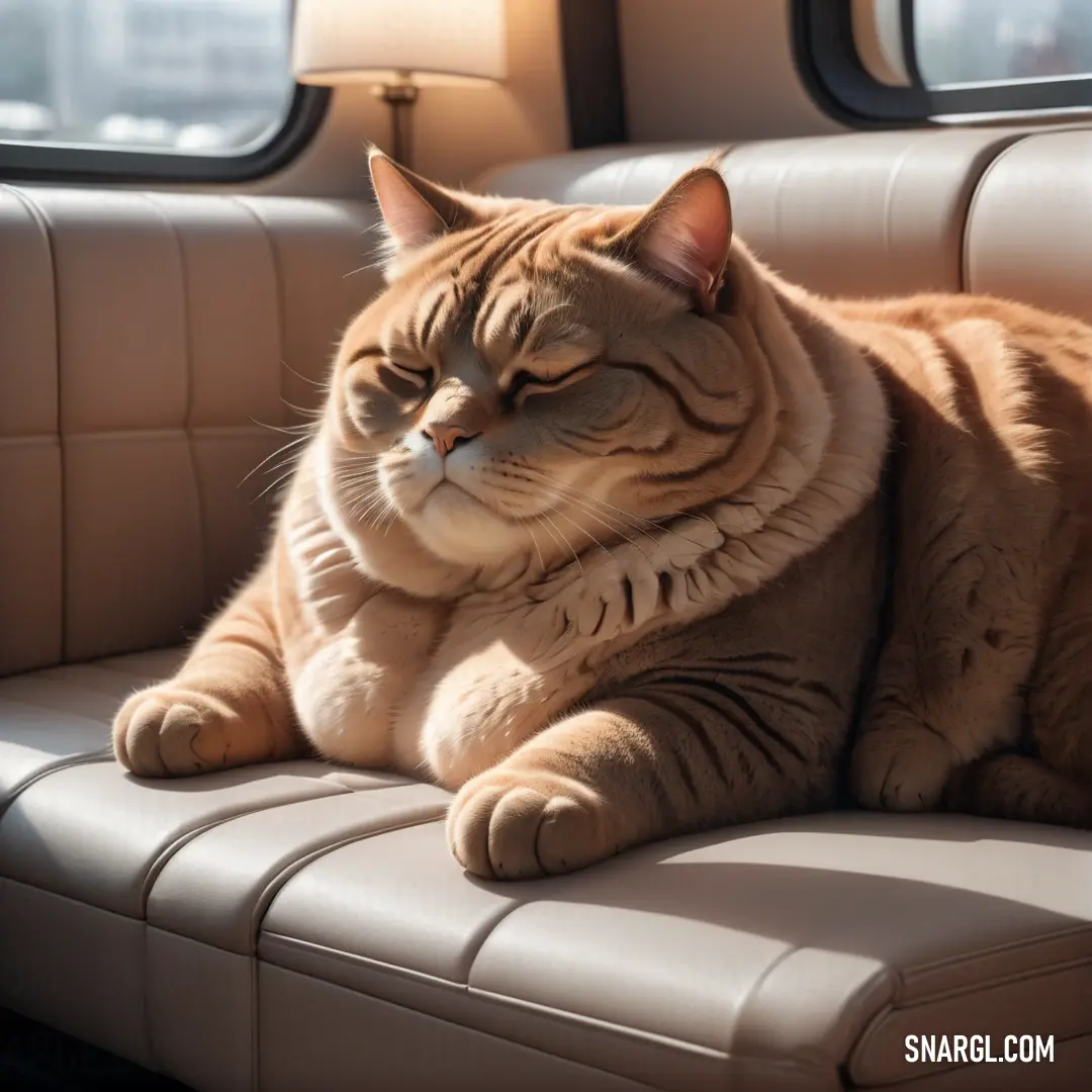 NCS S 1015-Y color example: Cat is laying on a leather couch with its eyes closed and eyes closed
