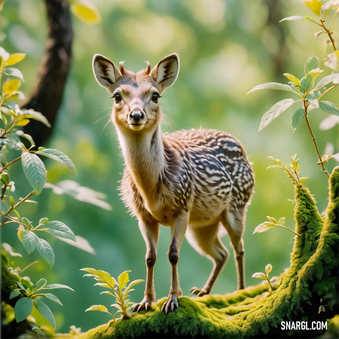 Small deer standing on a mossy branch in the woods with trees in the background. Color #F6E9B0.