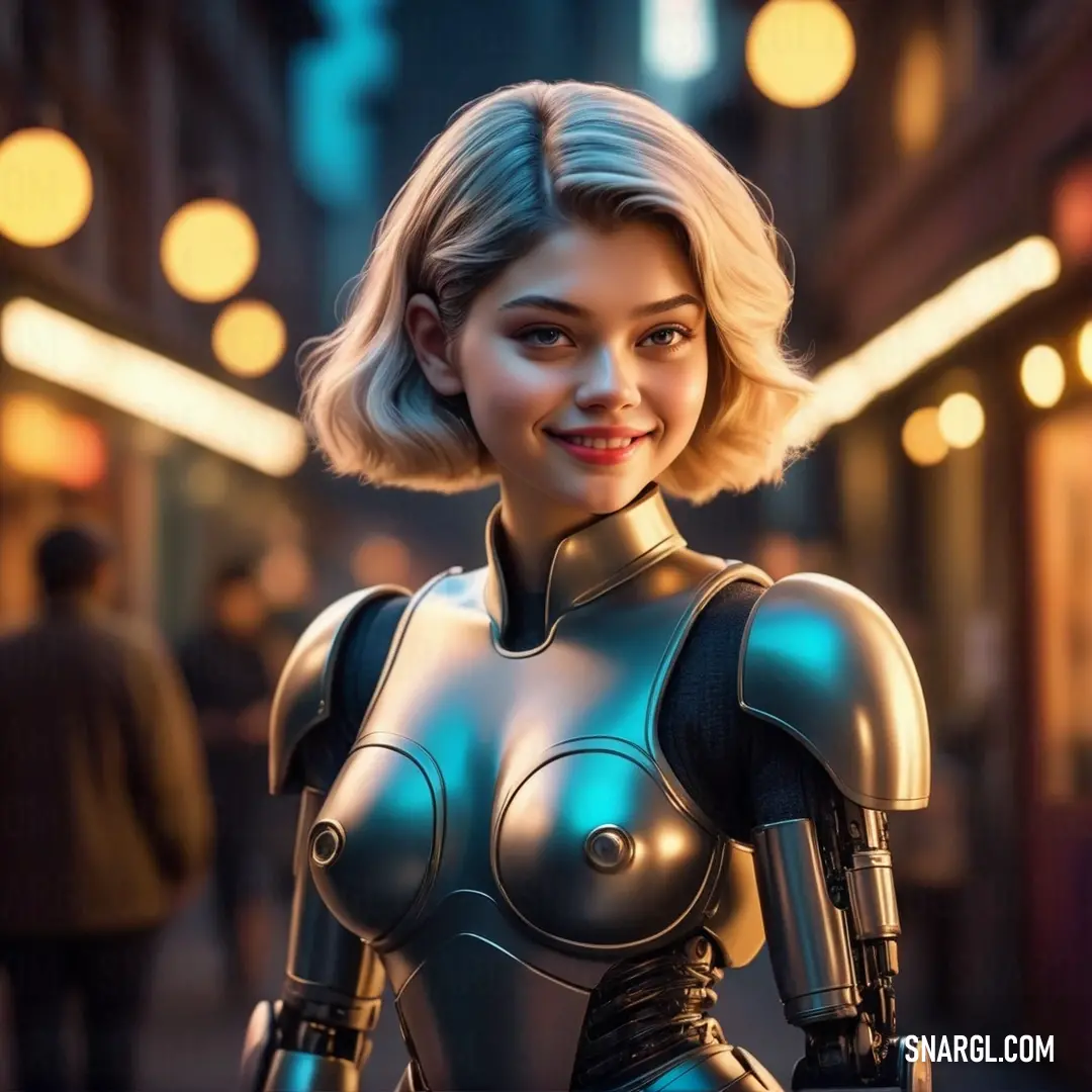 NCS S 1015-Y color example: Woman in a futuristic suit standing on a street at night with a smile on her face and a man in the background
